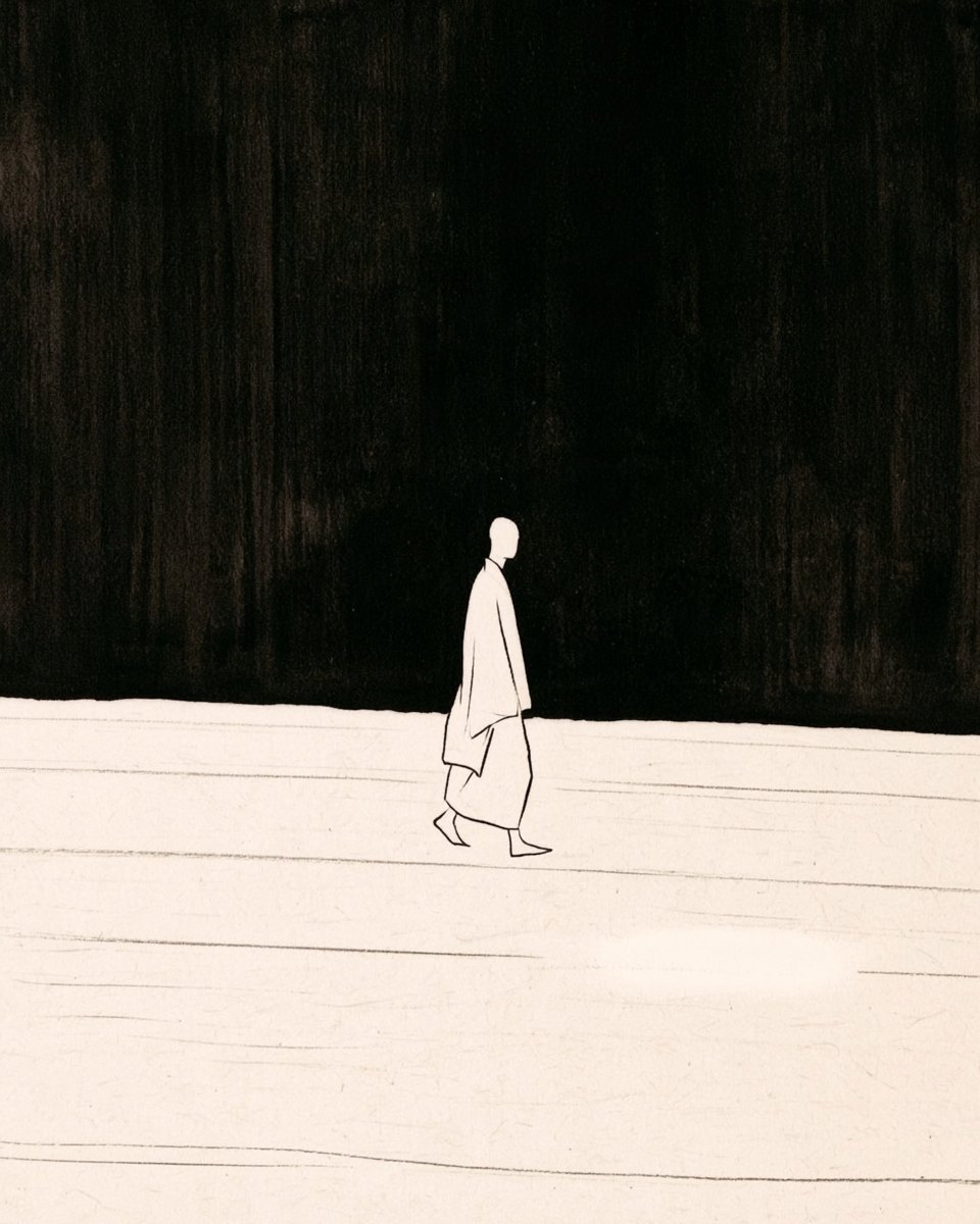 顔の描かれていない人物が歩き去る墨絵