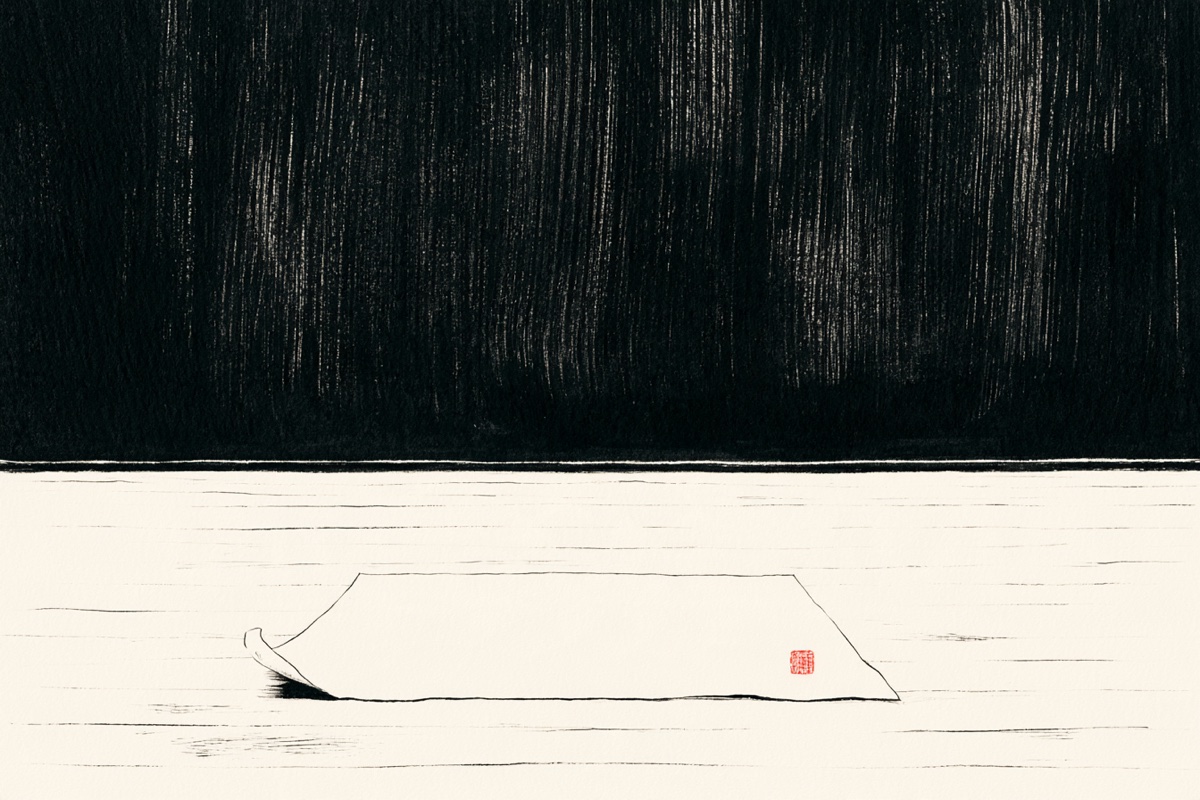 床に伏せて置かれた一枚の紙と、裏に押された朱の印の墨絵